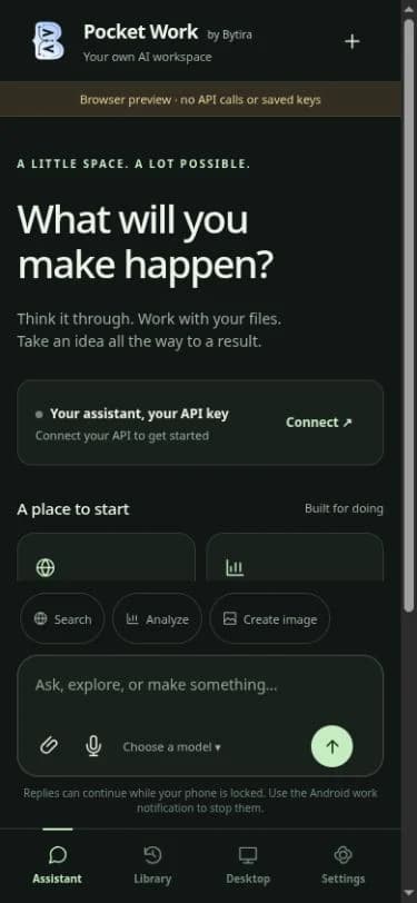 پیشنمایش رابط فعلی Pocket Work؛ صفحه دستیار و ابزارهای کار با فایل و تصویر