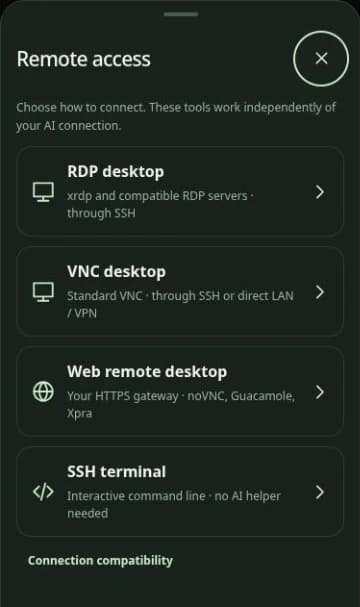 منوی Remote access در Pocket Work با گزینههای RDP، VNC، دسکتاپ تحت وب و SSH